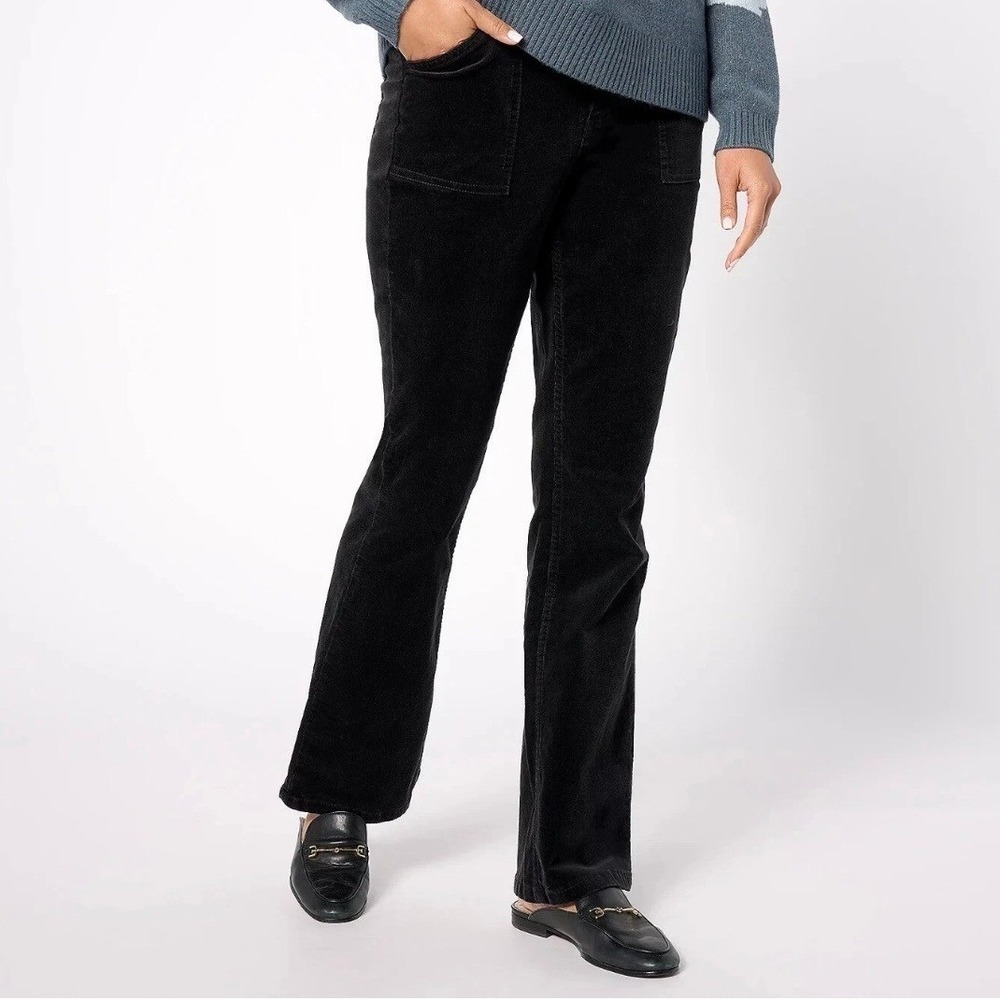 Denim & Co Canyon Retreat Black Corduroy Flare Pants Patch Pockets Reg 10
